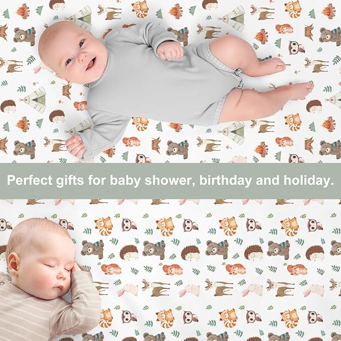 Camping Animals Baby Crib Sheets for Boy Girl 52x28In Bear Deer Raccoon Squirrel Bunny Hedgehog Owl Soft Snug Fitted Crib Mattress Cover Baby Sheet for Standard Crib & Toddler Mattress 2 Pack