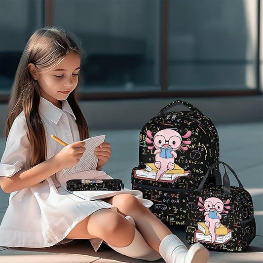 Mercuryelf Axolotl Boys Girls Backpack with Lunch Box Set, 3 in 1 School Travel Backpacks Matching Combo, Black Cute Bookbag and Pencil Case Bundle