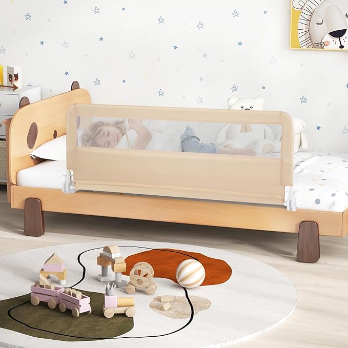 HONEY JOY Bed Rail for Toddlers, 59-in Extra Long, Portable Safety Bed Guardrail w/Double Safety Child Lock, Foldable Baby Bed Rail Guard, Fit King & Queen Full Twin Size Bed Mattress (1 Pack, Beige)