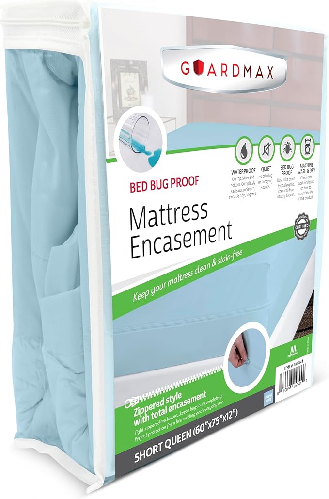 Guardmax Jersey Knitted Short Queen Zippered Mattress Encasement - Waterproof & Bed Bug Proof Mattress Protector - Comfortable, Soft, and Noiseless Zippered Bedding - Dust Mite Proof (60 x 75 x 12)