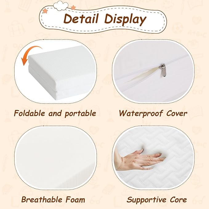 Pack and Play Mattress 38"x26", Waterproof Portable Crib Pack N Play Mattresses with Washable Cover and Travel Bag, Breathable Soft Foam Playpen Mattress for Baby Toddler