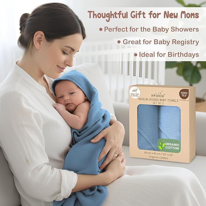 Organic Cotton Muslin Baby Hooded Towels - 32x32 Inch, 2 Pack Newborn Bath Towels for Boys & Girls, Soft & Absorbent Bath Set (Deep Blue/Aquarius)