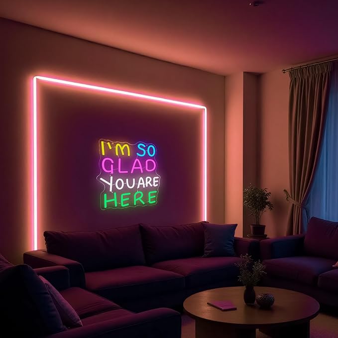 I'm So Glad You Are Here Neon Sign Rainbow Words Dimmable Neon Light for Wall Decor Welcome LED Signs for Classroom USB Powered Colorful Light Up Sign School wedding Kid Room Party Business Wall Art