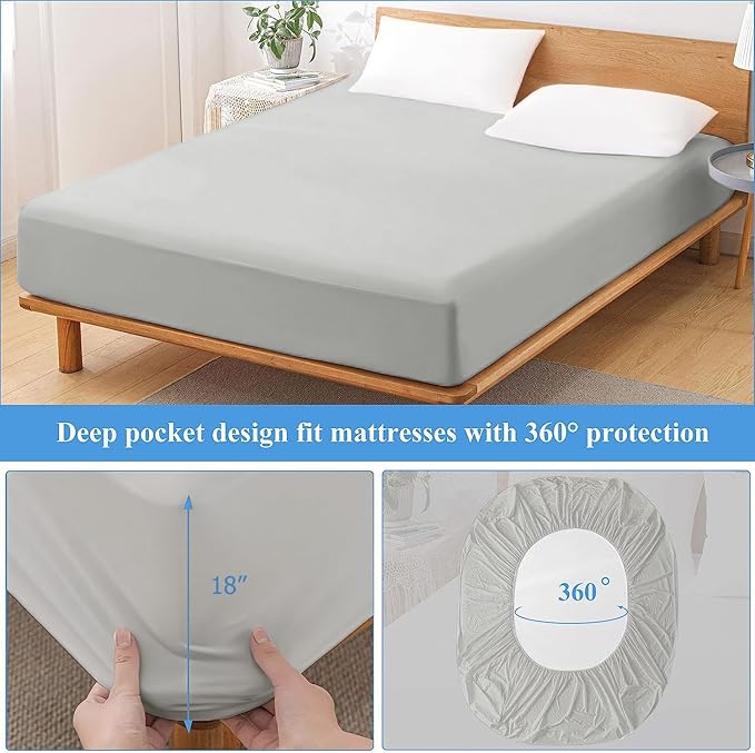 King Waterproof Mattress Protector - Noiseless, Breathable, Machine Washable Fitted Mattress Cover with Deep Pocket up to 5”-21”（Light Grey）