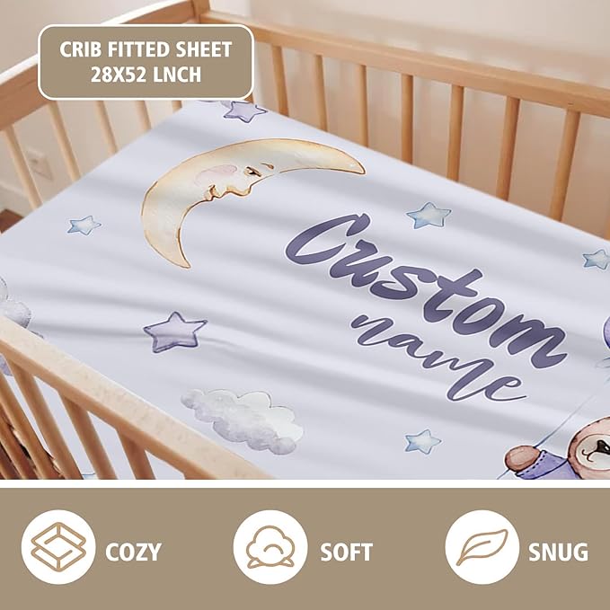 Personalized Baby Crib Bedding Set, Custom Name Moon Bear Baby Bedding 2-Pcs Set - Soft Double Layer Dotted Blanket and Fitted Sheet, Nursery Bedding for Newborn Boys Girls, Perfect Shower Gift