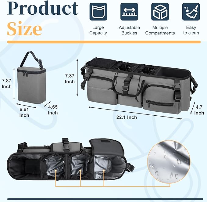 Double Stroller Organizer Compatible with Bob Duallie and Baby Jogger City Mini GT2, Double Baby Stroller Accessories with Cooler Bag, Parent Console Double Jogging Stroller Caddy, Grey