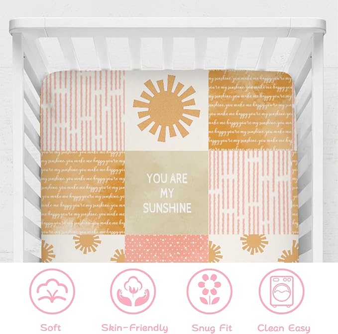 Colorful Boho Sun Baby Crib Sheet 52''x28'' Cute Sunshine Stripes Stretchy Fitted Mattress Sheets for Boy Girl Letters Quote Nursery Toddler Bed Sheets for Standard and Toddler Mattress
