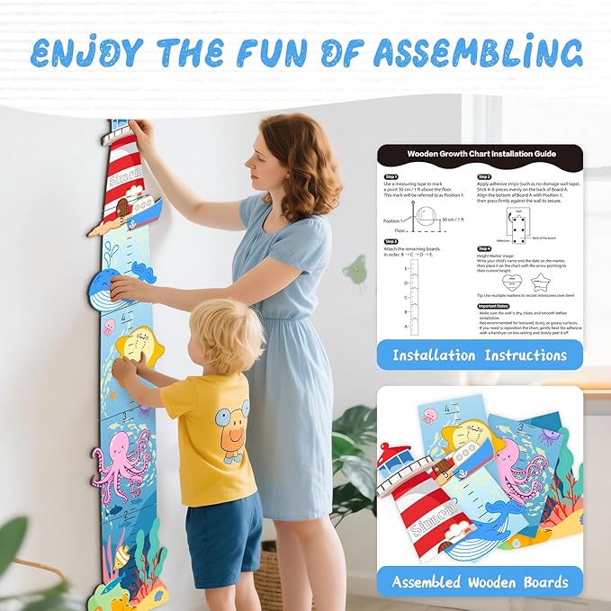 Woodemon Personalized Name Wooden Growth Charts for Kids, Lighthouses and Oceans Height Measurement for Wall Girls Boys Teen Room Nursery Decor