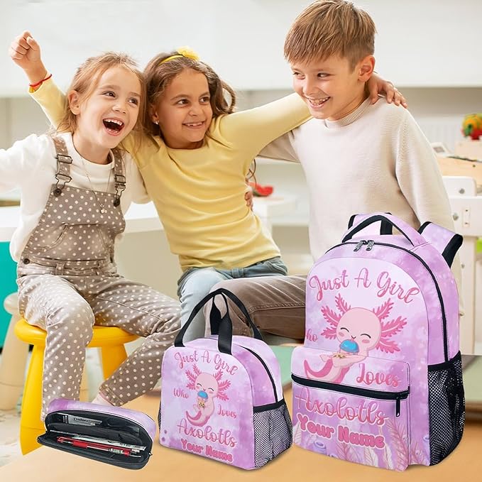 COZYAURA Personalized Kids Backpack with Lunch Box - Cute Axolotl Preppy Backpack for School - Lightweight Pink Backpacks for Girls