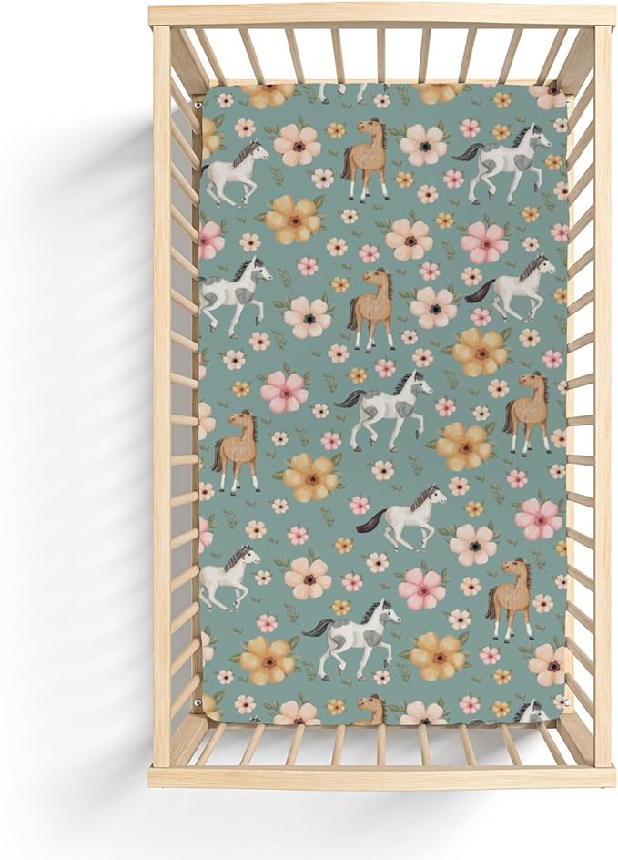 Watercolor Horse Floral Baby Crib Sheets for Boy Girl 52"x28" Running Horses Boho Flowers Soft Snug Fitted Crib Mattress Cover Wild Animals Baby Sheet for Standard Crib & Toddler Bed Mattress Green