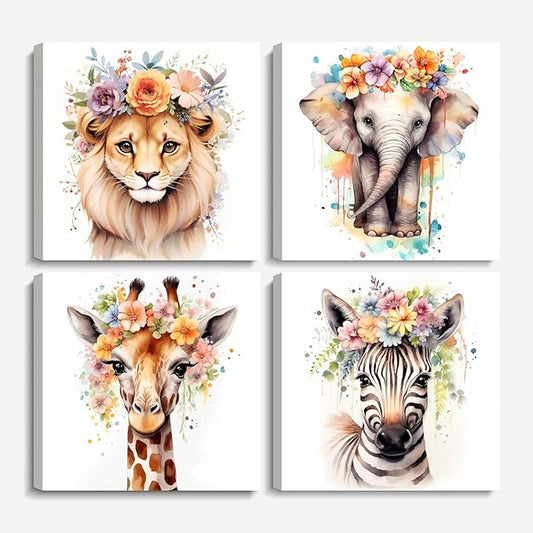 LYUNSHUO Nursery Wall Decor Cute Rustic Farmhouse Animal Canvas Print Wall Art Flower Poster Modern Artwork for Living Room Bedroom Bathroom Home Decor Framed(Art-3,8.00"x8.00"x4P)