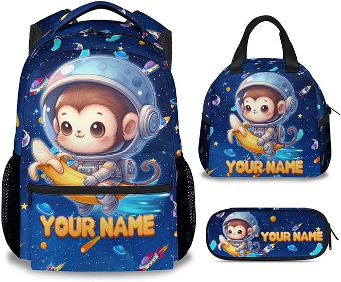 Kids' Backpacks - Personalized Monkey Backpacks with Lunch Bag - Custom Bookbag Set for Girls Boys - Toddler School Bag for Kindergarten/Preschool/Elementary(17 Inch)