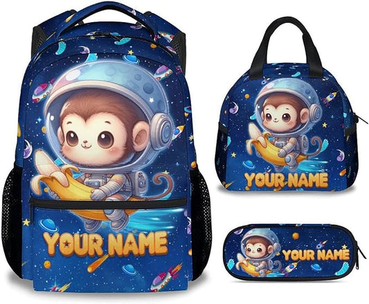 Kids' Backpacks - Personalized Monkey Backpacks with Lunch Bag - Custom Bookbag Set for Girls Boys - Toddler School Bag for Kindergarten/Preschool/Elementary(17 Inch)