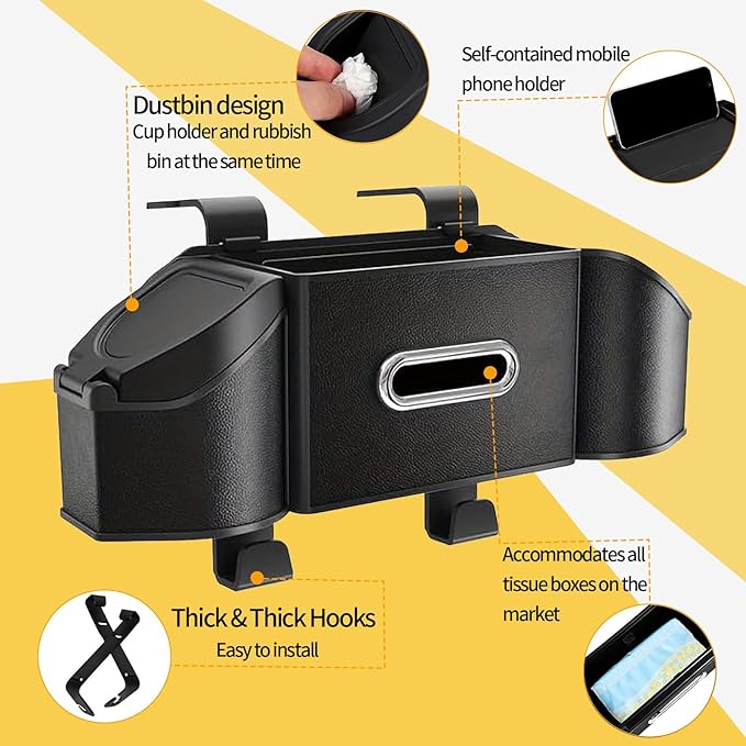 Oivjckx 7-In-1 Multifunctional Car Seat Back Organizer with Cup Holders, Tissue Box, Garbage Can & Hooks, Headrest Storage & Cup Holder for Backseat (Black)