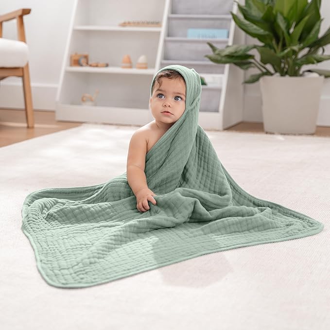 Comfy Cubs Hooded Baby Towel 2-Pack, Large 32 x 32 Inch - 6 Layer 100% Muslin Cotton for Babies, Toddlers, Kids - Soft & Absorbent Baby Bath Towels - Unisex Design for Bath Time, Pacific Blue and Fern