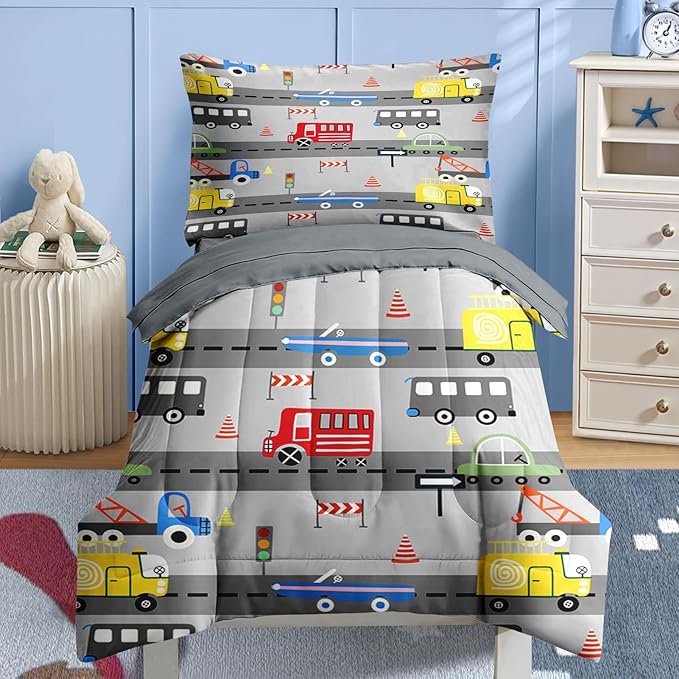 Nesker 4 Pcs Comforter Set Toddler Size, Car Bus Truck Bedding for Kids Teen, Tree Constrution Road Bed Sheet with Pillowcase & Sham