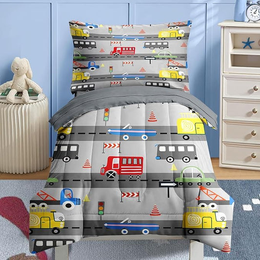 Nesker 4 Pcs Comforter Set Toddler Size, Car Bus Truck Bedding for Kids Teen, Tree Constrution Road Bed Sheet with Pillowcase & Sham