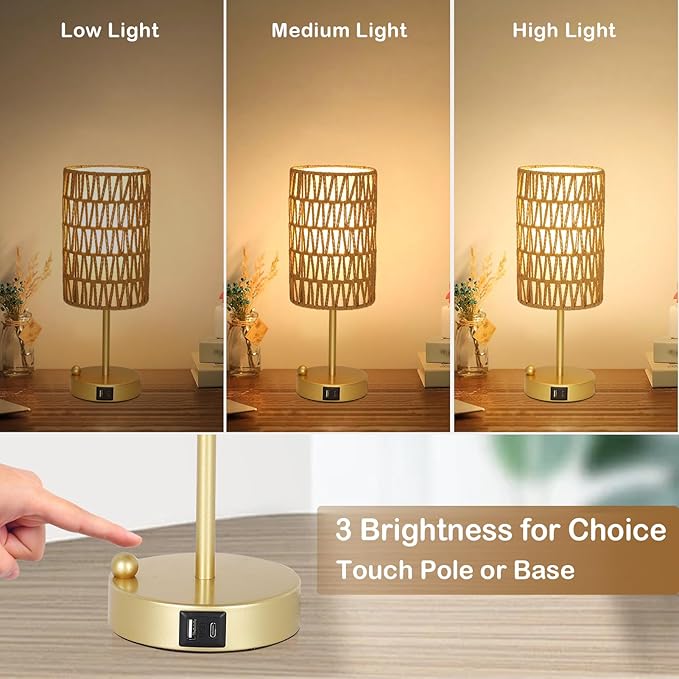 Eayaya Gold Bedside Lamps Set of 2, Touch Control Night Stand Lamp for Bedroom with Rattan & Linen Shade & Bulbs, 3 Way Dimmable Small Boho Table Lamps with USB Charging Port & Phone Stand