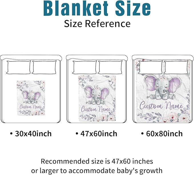 Custom Name Crib Bedding Set 3-Piece – Light Purple Elephant Design Baby Bedding Set with Personalized Soft Blanket, Fitted Sheet, Changing Pad Cover – Ideal Newborn Gift for Boys and Girls