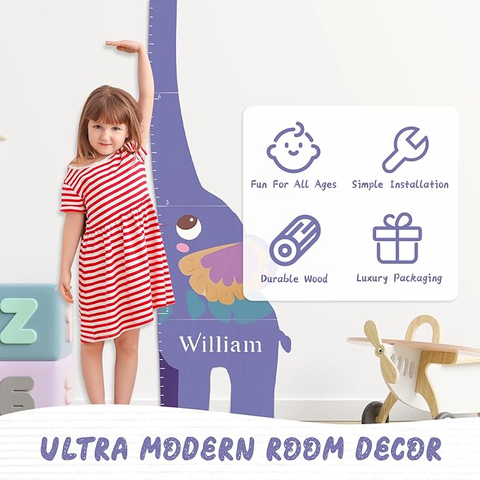 Woodemon Personalized Name Growth Chart for Kids, Elephant Patchwork Wooden Height Chart for Wall Decor, Baby Boy Girl Measurement Ruler for Room 63" x 15.7"