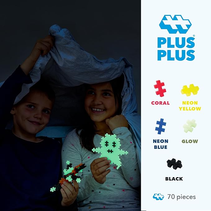 PLUS PLUS 70 Piece Interlocking Building Blocks for Kids, Open Ended Connecting Toys, Stem Bin Classroom Mini Manipulatives - Glow in The Dark Play Tube