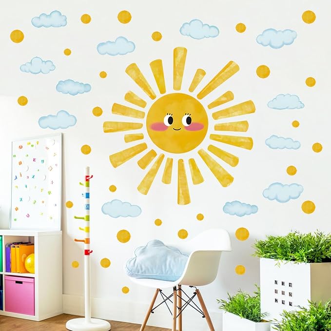 Eutecado Large Sun Wall Decals Watercolor Cloudy Wall Stickers for Kids Room, Smile Sun Polka Dots Clouds Wall Decor Stickers Peel and Stick Art Murals Decorations for Nursery Classroom Bedroom