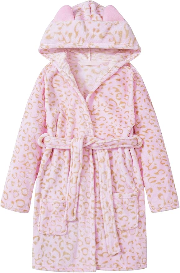 Topgal Leopard Cat Robe for Girls Fleece Toddler Kids Teen Hooded Bathrobe Size 4T-18