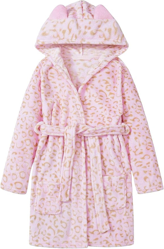 Topgal Leopard Cat Robe for Girls Fleece Toddler Kids Teen Hooded Bathrobe Size 4T-18