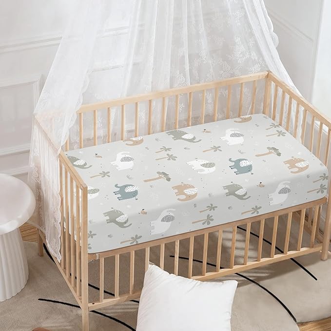 Elephants Fitted Crib Sheet for Boys Girls Trees Birds Animals Print Baby Sheet for Standard Crib and Toddler Elephant Grey Nursery Bed Mattress Sheets 28"x52"