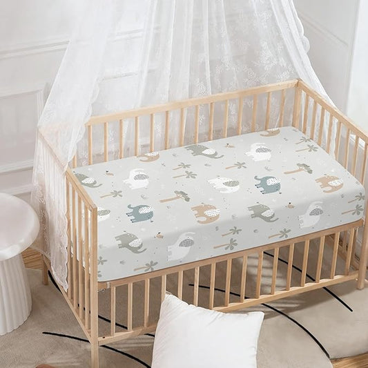 Elephants Fitted Crib Sheet for Boys Girls Trees Birds Animals Print Baby Sheet for Standard Crib and Toddler Elephant Grey Nursery Bed Mattress Sheets 28"x52"