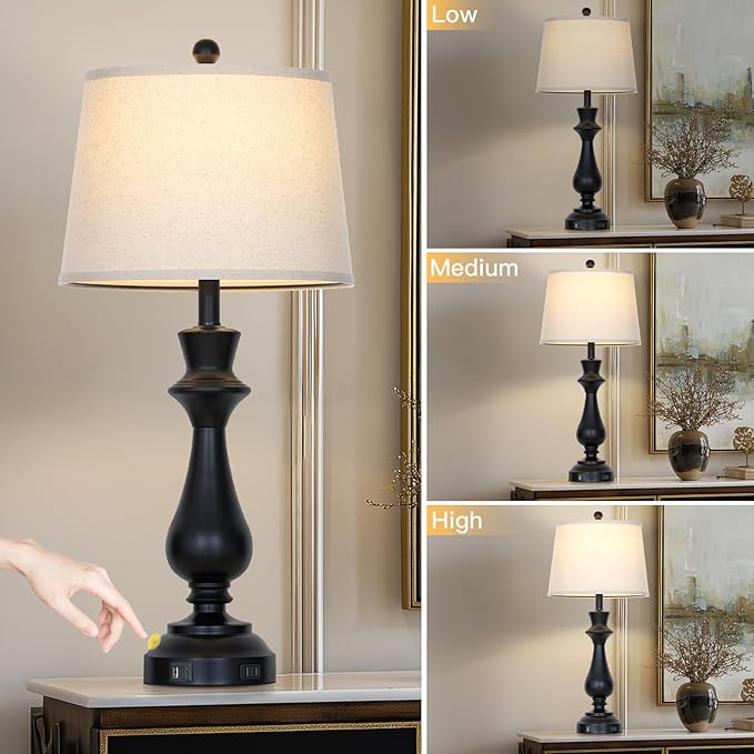 luxeflow Modern Black Table Lamp for Living Room,30" Tall Bedside Lamp with USB Charging Port,3-Way Dimmable Touch Nightstand Lamp for Bedroom Desk Side Table Office,Black-1P