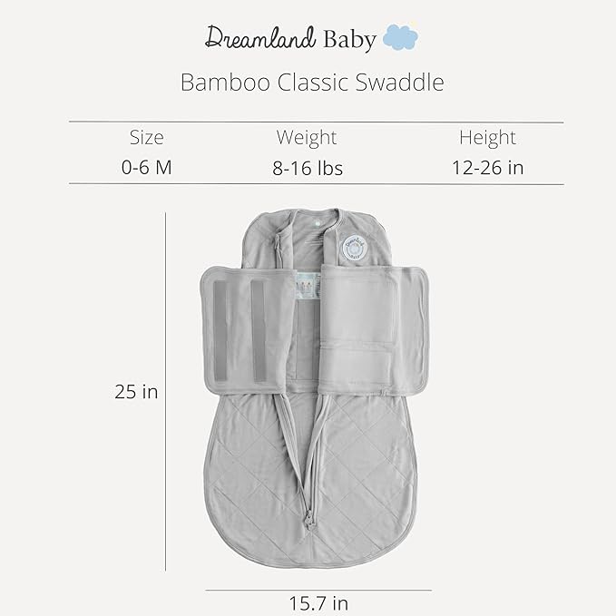 Dreamland Baby Viscose Swaddle Blanket (0-6 Months). 1.0 TOG Ultra Soft Swaddle Blanket w/Built in Band. 97% Viscose, 3% Spandex (Grey). Mom-Owned US Business, Premium Materials