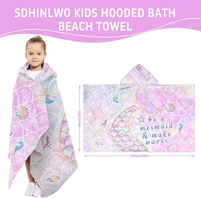 Thickened Hooded Towels for Kids Suitable Girls Boys Kids Bath Towels, 35"x60" Super Absorbent, Mermaid Tail Cute Cartoon Toddler Towels Multi-Purpose for Beach, Pool and Bathroom