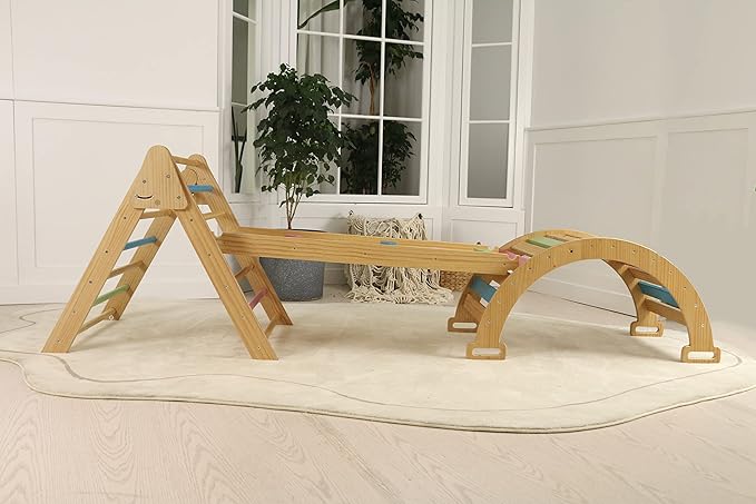 Avenlur Hazel 5-in-1 Indoor Climbing Gym - Waldorf and Montessori Climbing Set with Triangle Ladder, Climbing Ramp, Arch Climber, Rocker, and Slide - Montessori Toys for Children 18mo to 7yr (Colored)