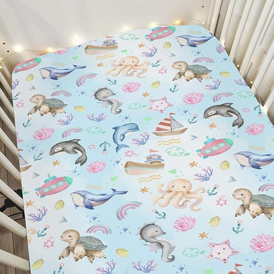 Colorful Ocean Animals Baby Crib Sheets for Boy Girl 52x28Inch Sea Horse Turtle Whale Rainbow Corals Soft Snug Fitted Crib Mattress Cover Marine Life Baby Sheet for Standard Crib & Toddler Mattress