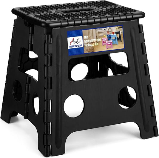 ACKO Folding Step Stool 13 inch Height Premium Heavy Duty Foldable Step Stools for Adults and Kids, Kitchen Plastic Small Collapsible Stepping Stool Hold Up to 300 LB Dot Black (1 Pack)