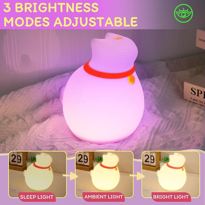 MAGOHMT 7-Color Changing Cat Night Light, Silicone Rechargeable Nursery Light with Timer & 3 Modes, Kids Bedroom Lamp Touch Sensor (Cute Animal Design)