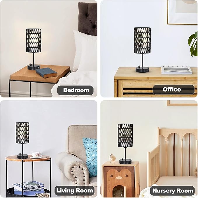 Eayaya Black Bedside Lamps Set of 2, Touch Control Night Stand Lamp for Bedroom with Rattan & Linen Shade & Bulbs, 3 Way Dimmable Small Boho Table Lamps with USB Charging Port & Phone Stand