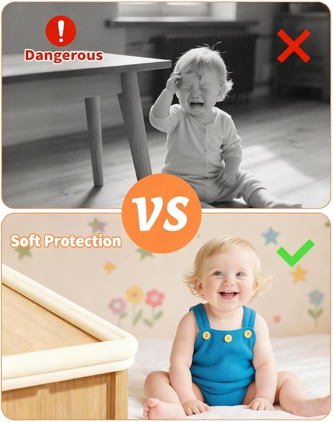 Edge Corner Protector Baby Proofing, 6.56FT 0.6'' Thicken L-Shape Furniture Fireplace Safety Bumper Guard with 6 Corners, Pre-Taped, Soft NBR Rubber Foam, Table Edge Protector for Baby (Beige)