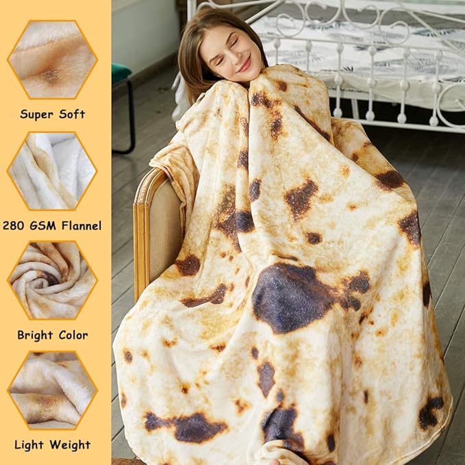 SeaRoomy Burritos Tortilla Throw Blanket, Tortilla Wrap Blankets, Novelty Tortillas Round Blanket Giant Tortillas Round Soft Blankets for Adults and Kids (Brown, 90 inches)