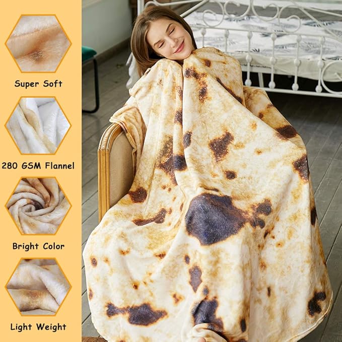 SeaRoomy Burritos Tortilla Throw Blanket, Tortilla Wrap Blanket, Novelty Funny Round Blanket Giant Tortillas Round Soft Blankets for Kids (Brown, 47 inches)