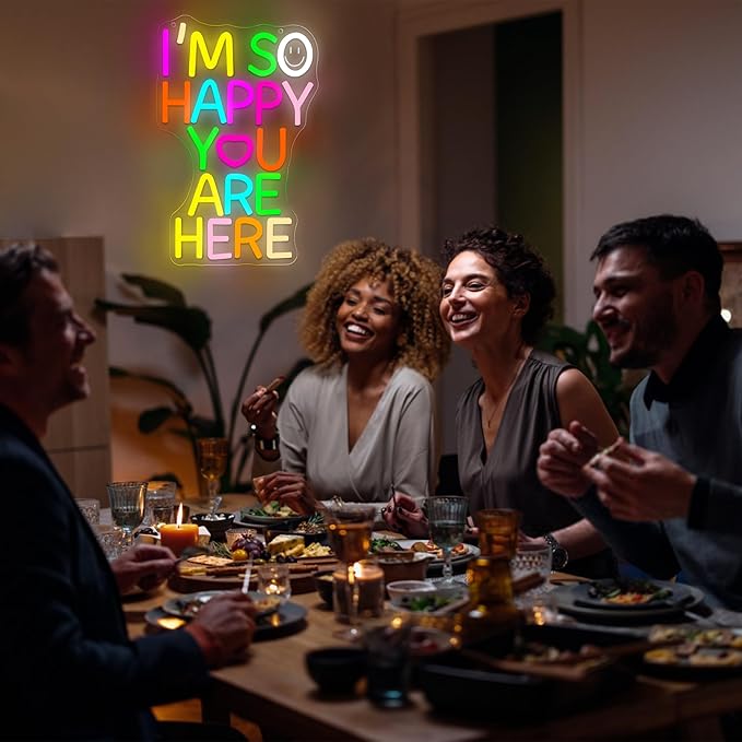 I'm So Happy You Are Here Neon Sign for Wall Decor Dimmable Welcome Sign for Classroom Inspirational Positive Wall Art Decor for Party Home Gym Office Bedroom Gifts for Teens Size 14.6*9.4in(GLNP243)
