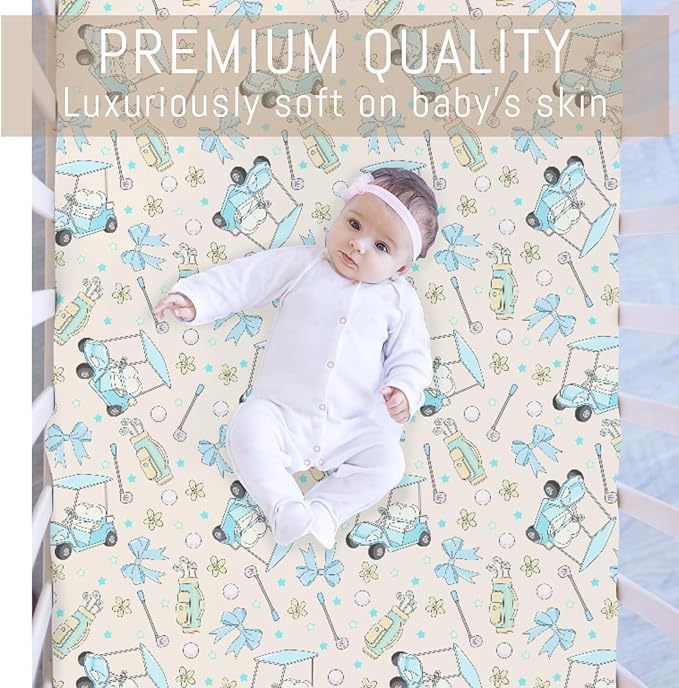 Girly Golf Stripes Bows Floral Baby Crib Sheets for Girls Pastel Blue Golfing Soft Snug Fitted Crib Mattress Covers for 52''x28'' Standard Crib & Toddler Mattress Preppy Girl Sports Nursery Bed Sheets