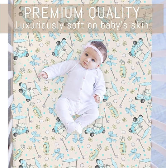 Girly Golf Stripes Bows Floral Baby Crib Sheets for Girls Pastel Blue Golfing Soft Snug Fitted Crib Mattress Covers for 52''x28'' Standard Crib & Toddler Mattress Preppy Girl Sports Nursery Bed Sheets