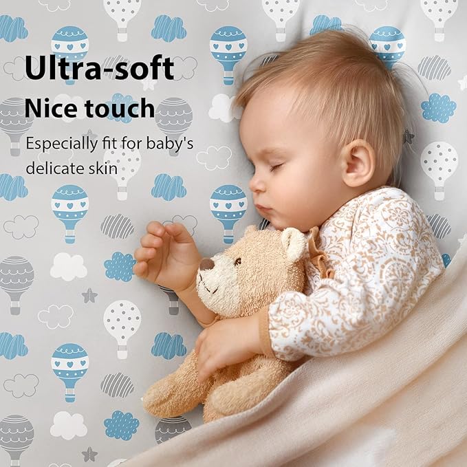 Baby Crib Sheets for Boys and Girls, 3 Pack Toddler Bed Sheets for 52”x28” Standard Toddler Mattresses, Soft Microfiber Fitted Crib Sheets Neutral Blue Cloud Animals