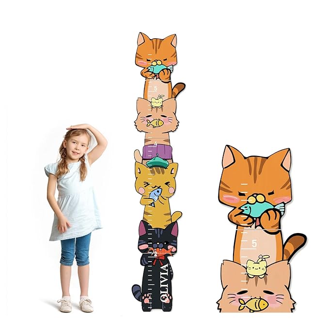 Woodemon Personalized Name Growth Chart for Wall, Kitten Eating Fish Wooden Height Chart, Thick Height Measuring Board for Boys and Girls, Measurement Ruler for Kids, Easy to Install