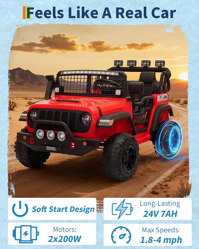 2 Seats 24V Kids Electric Ride on Car with Remote Control, 20" Large Seat with 2 Safety Belts, Two 200W Battery Powered Electric Vehicle for 3+ Years, LED Light, Music,Horn,USB Port, Riding Toy, Red