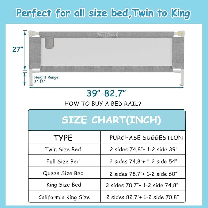 3-Pack King Size Bed Rails for Toddlers -Height Adjustable Baby Bed Rail Guard Specially Designed for King Size Bed(78.74 x 78.74 x 74.8 Inch)