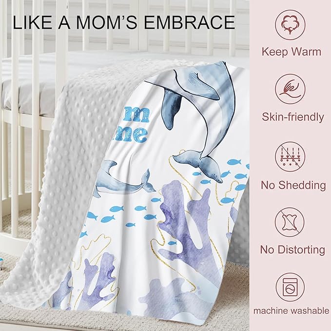 Personalized Baby Crib Bedding Set, Custom Name Blue Dolphin Baby Bedding 2-Pcs Set - Soft Double Layer Dotted Blanket and Fitted Sheet, Nursery Bedding for Newborn Boys Girls, Perfect Shower Gift
