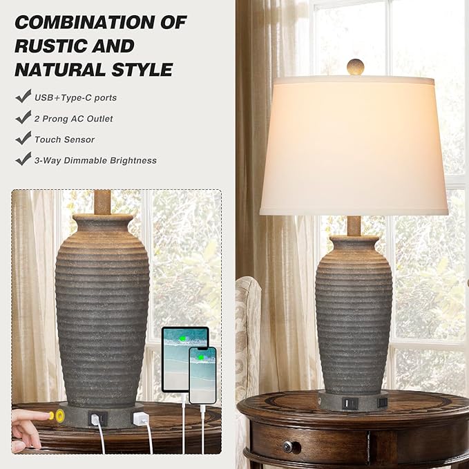 CINSARY 25" Farmhouse Jar Table Lamps Set of 2, 3 Way Touch Control Rustic Bedside Lamps with USB A+C Ports & AC Outlet, Pot Nightstand Lamps for Bedroom Living Room (LED Bulbs Included)